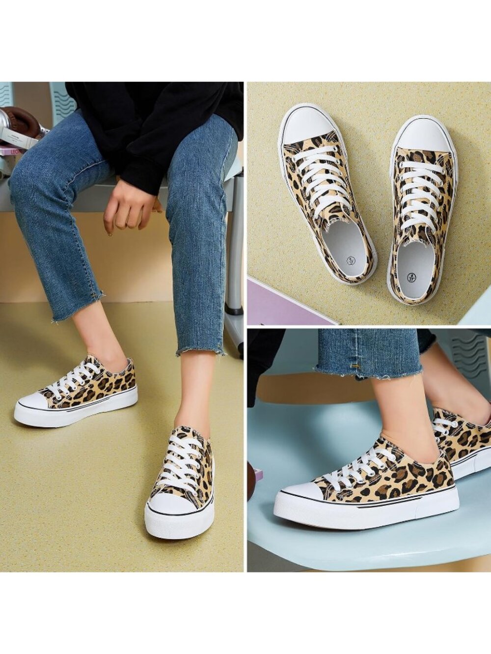 Womens Leopard Low Top Canvas Rubber Solid Slip on Casual Tennis Fashion Sneaker - Picture 2 of 6